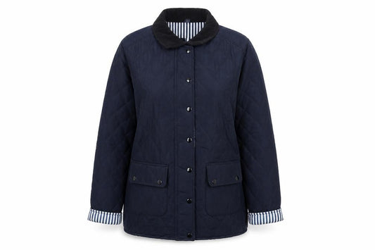 Front view of Urban Diva Women's Blue Quilted Mid-Length Jacket XL