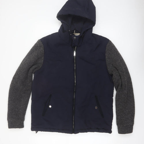 Reiss Men's Blue Wool Blend Hooded Bomber Jacket L