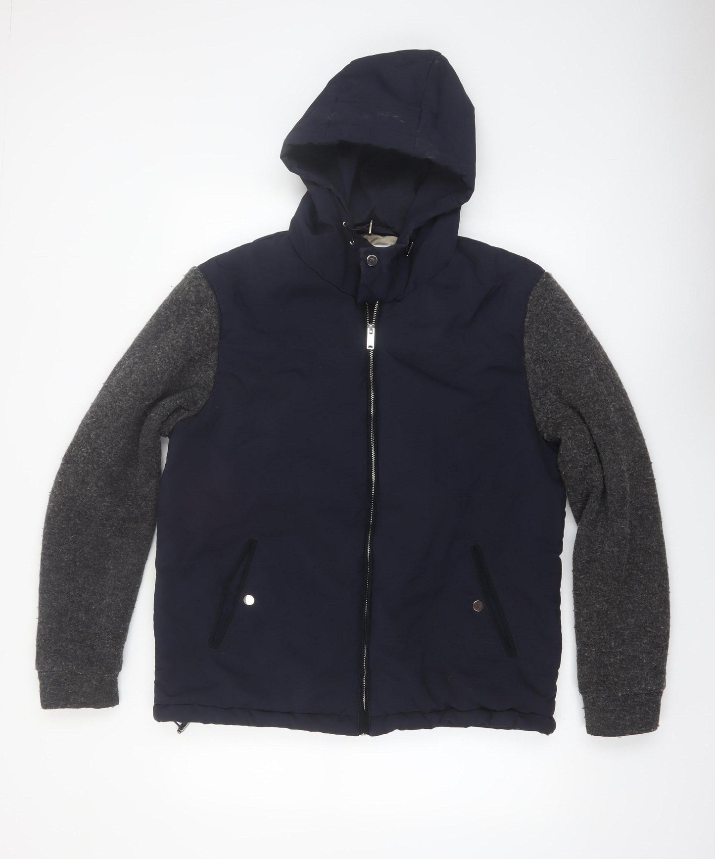 Reiss Men's Blue Wool Blend Hooded Bomber Jacket L