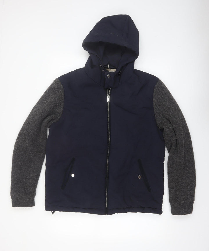Reiss Men's Blue Wool Blend Hooded Bomber Jacket L