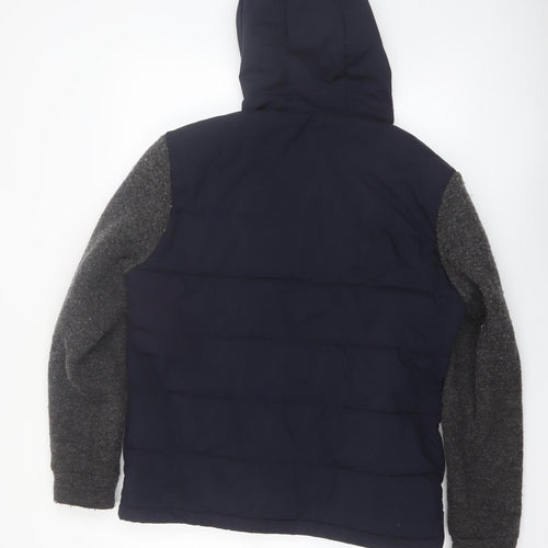 Reiss Men's Blue Wool Blend Hooded Bomber Jacket L