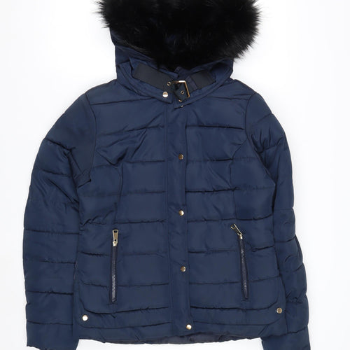 Red Chilli Women’s Blue Hooded Puffer Jacket Size 10 Fur Trim Winter Coat