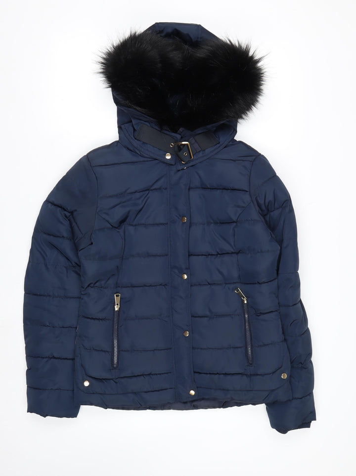 Red Chilli Women’s Blue Hooded Puffer Jacket Size 10 Fur Trim Winter Coat