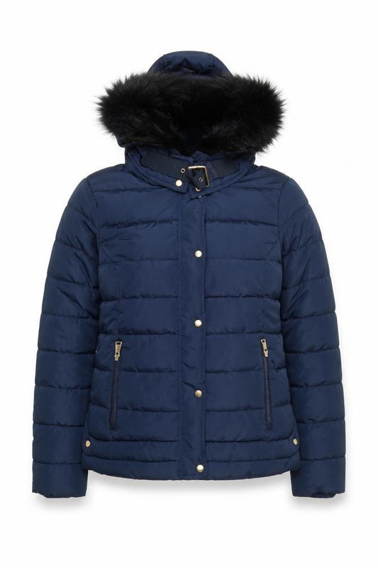 Front view of Red Chilli Women’s Blue Hooded Puffer Jacket, size UK 10, Fur Trim Winter Coat