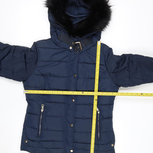 Red Chilli Women’s Blue Hooded Puffer Jacket Size 10 Fur Trim Winter Coat