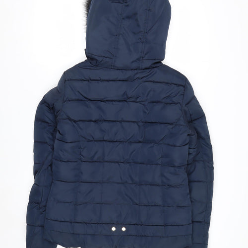Red Chilli Women’s Blue Hooded Puffer Jacket Size 10 Fur Trim Winter Coat