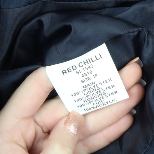 Red Chilli Women’s Blue Hooded Puffer Jacket Size 10 Fur Trim Winter Coat