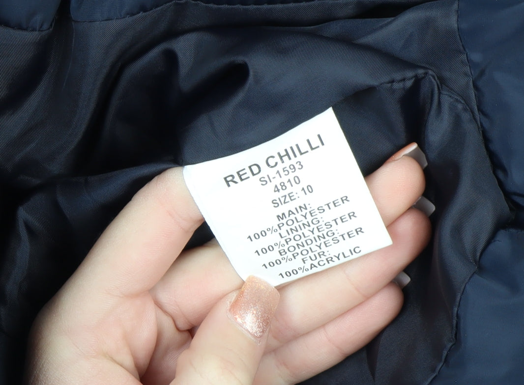 Red Chilli Women’s Blue Hooded Puffer Jacket Size 10 Fur Trim Winter Coat
