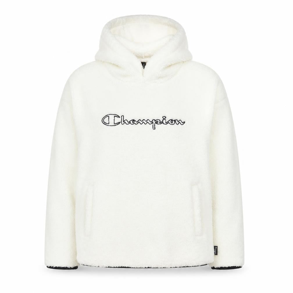 Front view of Champion Women’s Ivory Hooded Pullover Sweatshirt, size L, Fleece Lined