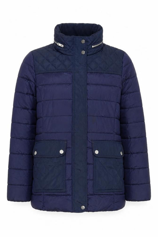 Front view of Next Women's Blue Quilted Shower Resistant Mid-Length Jacket, size 12