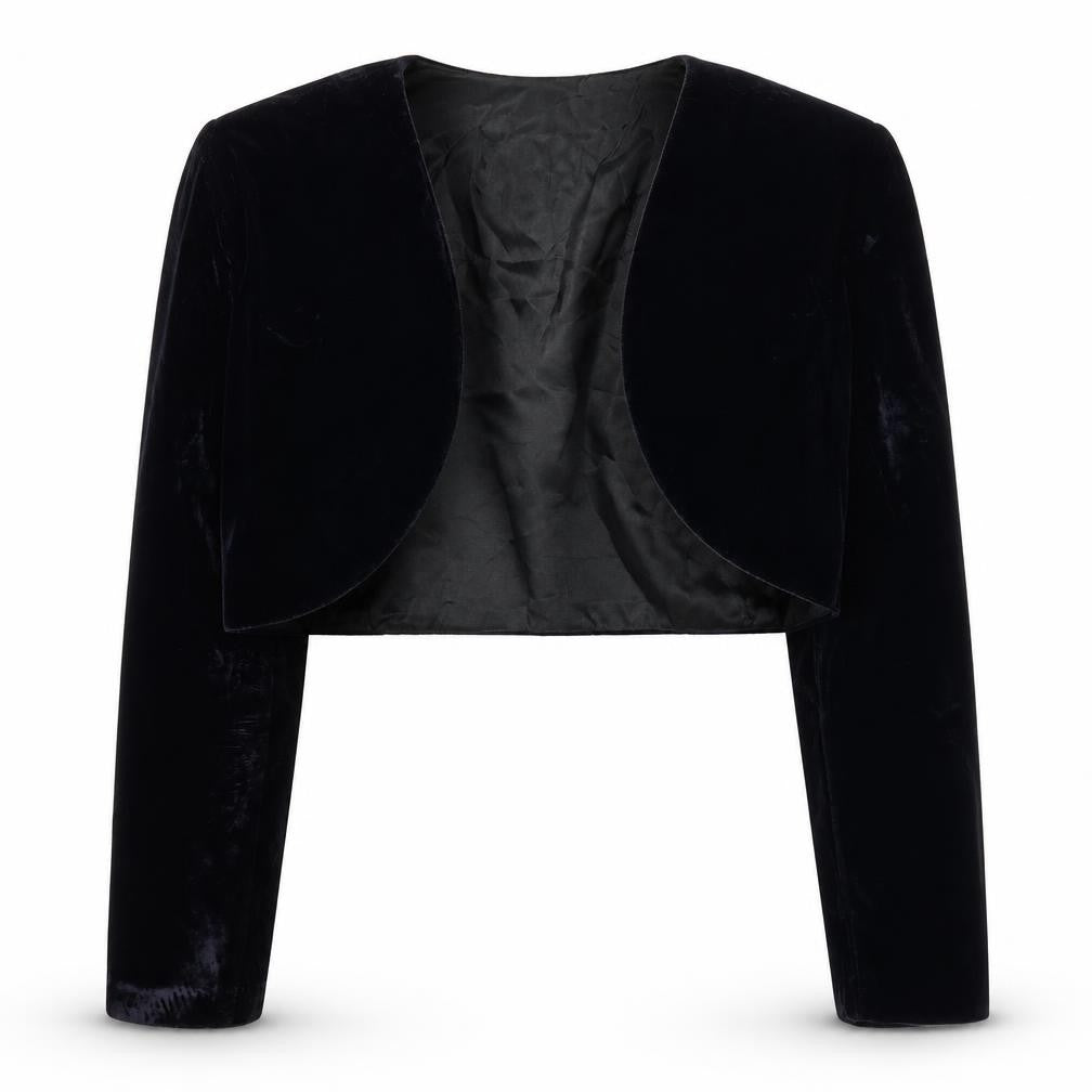 Front view of Roberta Women's Black Velvet Cropped Tuxedo Blazer, size L