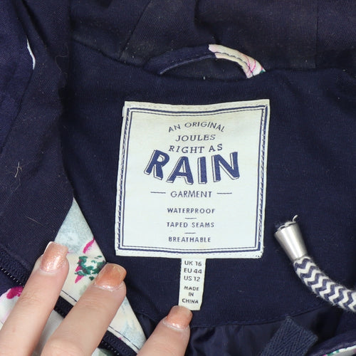 Joules Women's Blue Floral Waterproof Hooded Rain Jacket Size 16