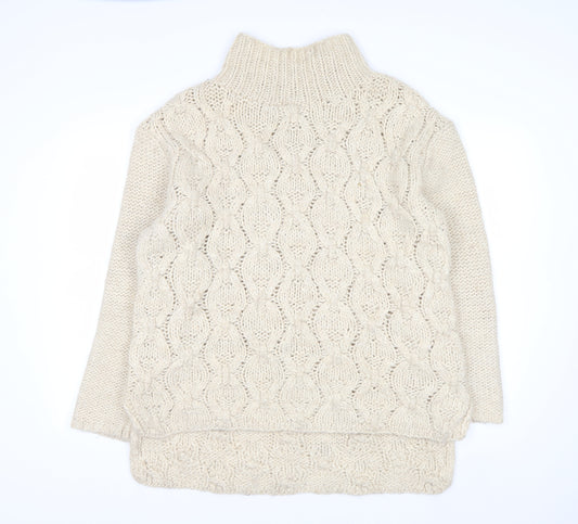 H&M Women Beige Cable-Knit Wool Blend Roll Neck Jumper Size 14 L
