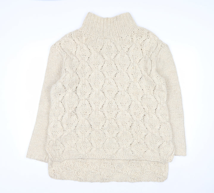 H&M Women Beige Cable-Knit Wool Blend Roll Neck Jumper Size 14 L