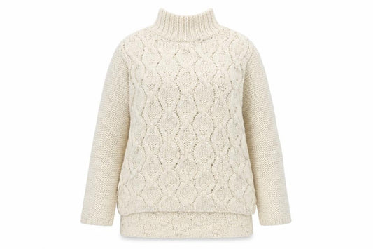 Front view of H&M Women Beige Cable-Knit Wool Blend Roll Neck Jumper, size 14 L