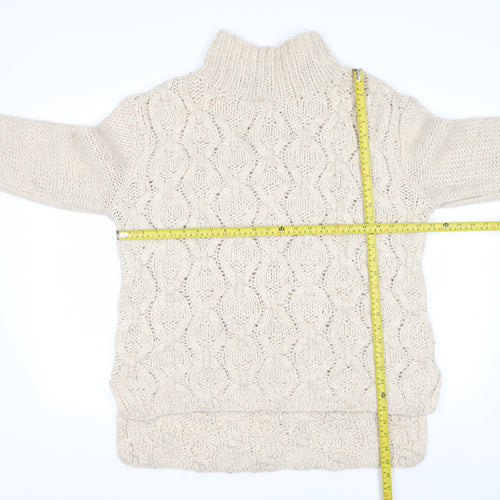 H&M Women Beige Cable-Knit Wool Blend Roll Neck Jumper Size 14 L