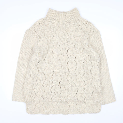 H&M Women Beige Cable-Knit Wool Blend Roll Neck Jumper Size 14 L