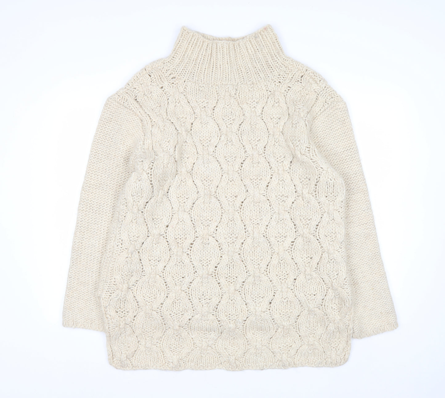 H&M Women Beige Cable-Knit Wool Blend Roll Neck Jumper Size 14 L