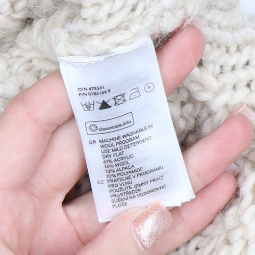 H&M Women Beige Cable-Knit Wool Blend Roll Neck Jumper Size 14 L