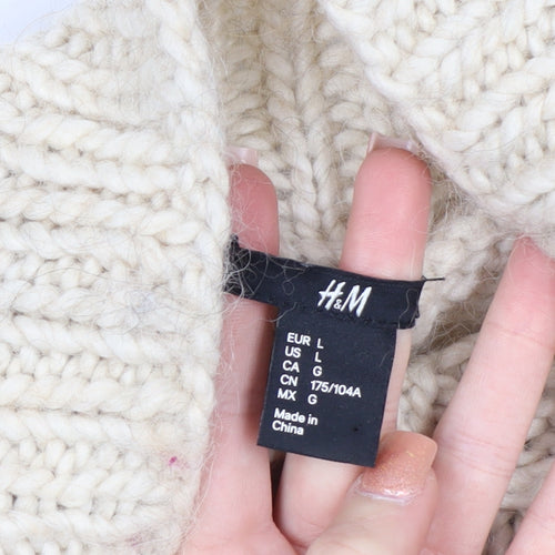 H&M Women Beige Cable-Knit Wool Blend Roll Neck Jumper Size 14 L