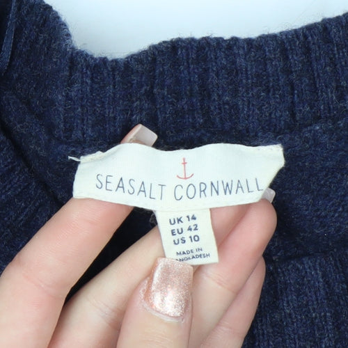Seasalt Cornwall Women's Navy Wool Jumper Size 14 Classic Crew Neck