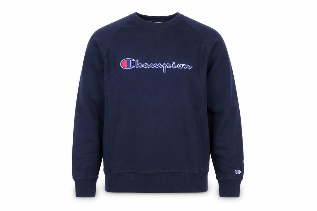 Front view of Champion Men's Blue Pullover Sweatshirt Medium Embroidered Logo