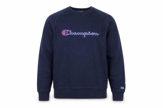 Front view of Champion Men's Blue Pullover Sweatshirt Medium Embroidered Logo