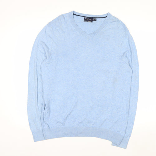 Nautica Men’s Blue V-Neck Cotton Modal Pullover Jumper Size M