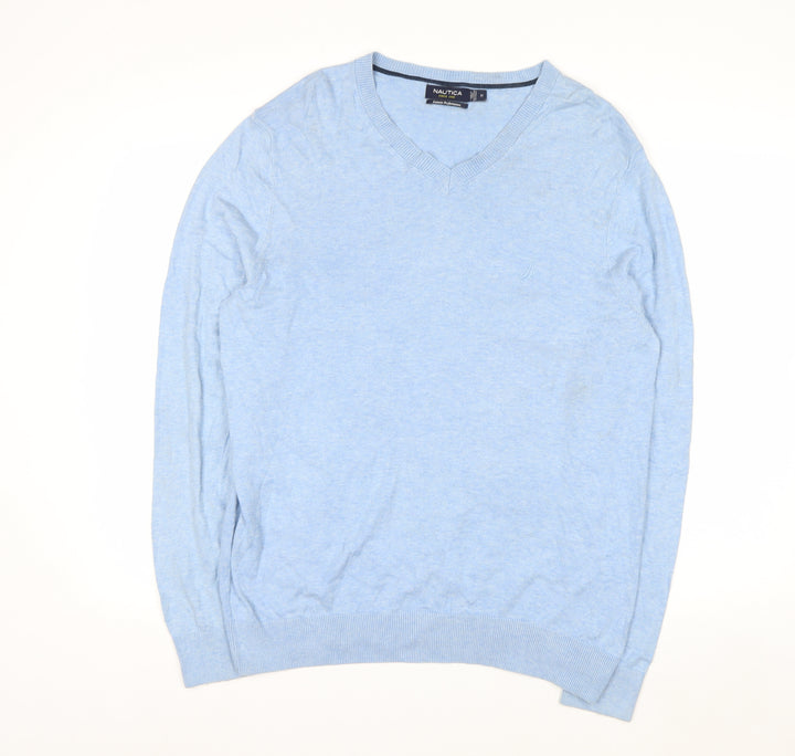 Nautica Men’s Blue V-Neck Cotton Modal Pullover Jumper Size M