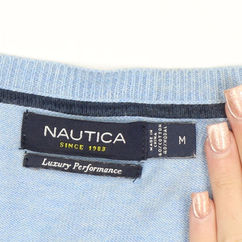 Nautica Men’s Blue V-Neck Cotton Modal Pullover Jumper Size M