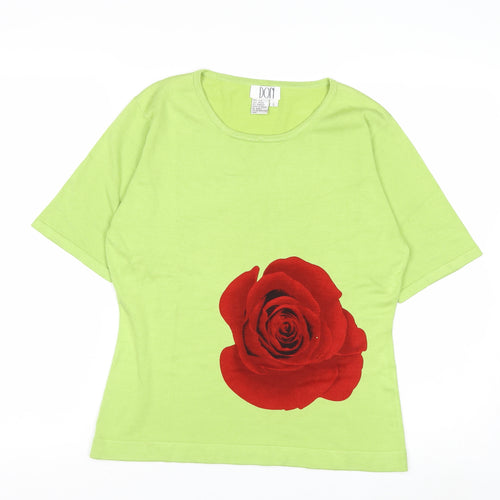 DON Womens Green Silk Blend Rose Print Short Sleeve Pullover Jumper L