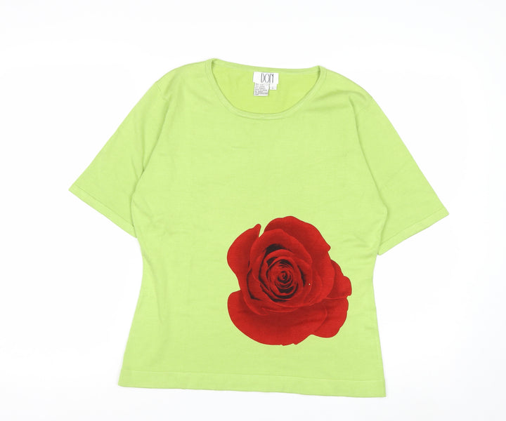 DON Womens Green Silk Blend Rose Print Short Sleeve Pullover Jumper L
