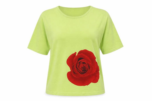 Front view of DON women’s green silk blend rose print short sleeve jumper l