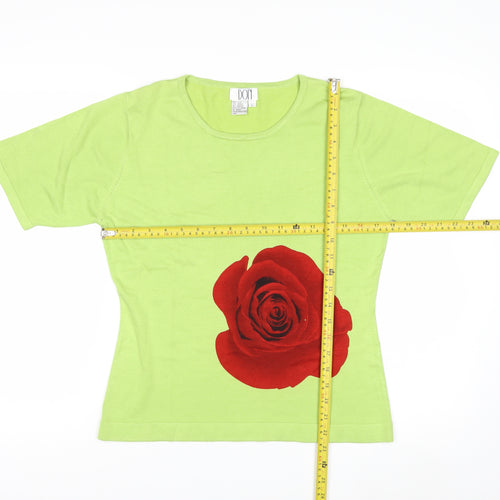 DON Womens Green Silk Blend Rose Print Short Sleeve Pullover Jumper L