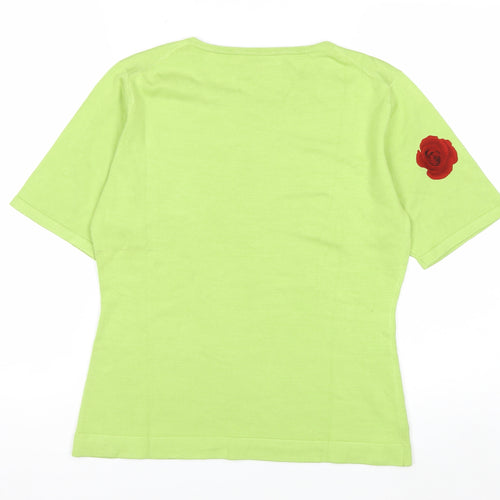 DON Womens Green Silk Blend Rose Print Short Sleeve Pullover Jumper L