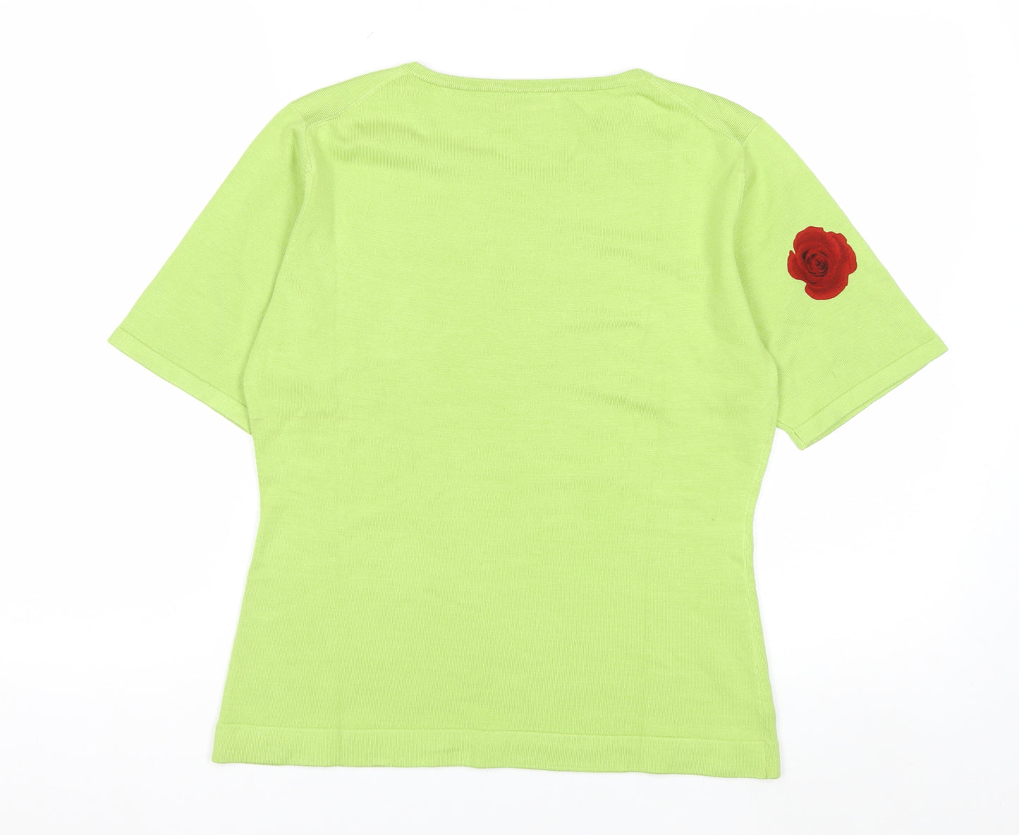 DON Womens Green Silk Blend Rose Print Short Sleeve Pullover Jumper L
