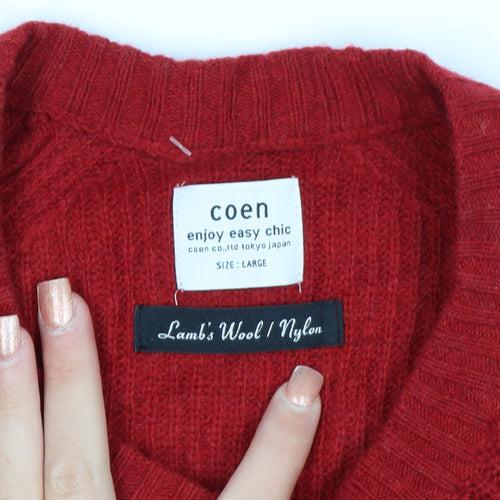 Coen Men's Red Lamb's Wool Knit Crew Neck Jumper Size L