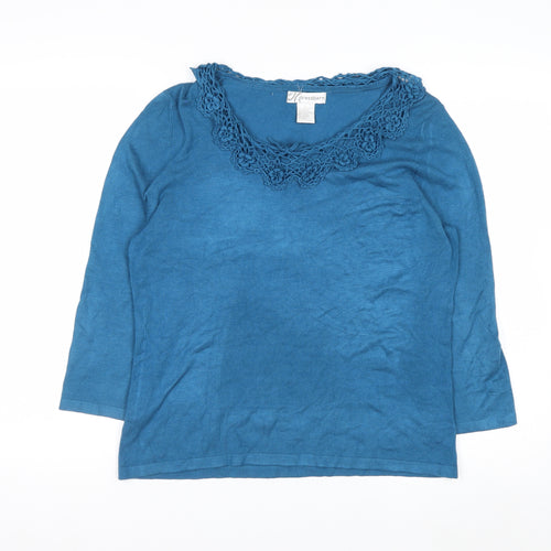 Dressbarn Women Blue L Crochet Neck 3/4 Sleeve Pullover Jumper
