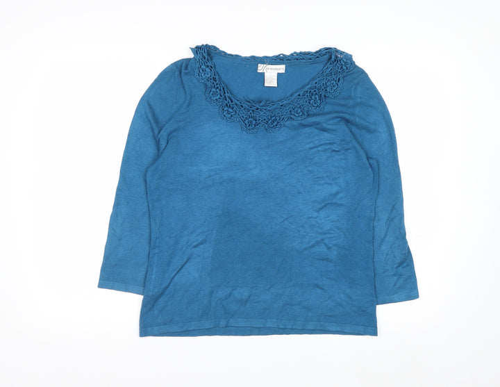 Dressbarn Women Blue L Crochet Neck 3/4 Sleeve Pullover Jumper