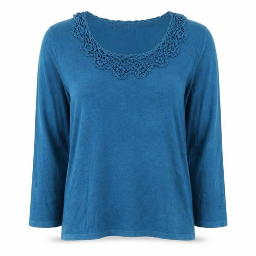 Dressbarn Women Blue L Crochet Neck 3/4 Sleeve Pullover Jumper