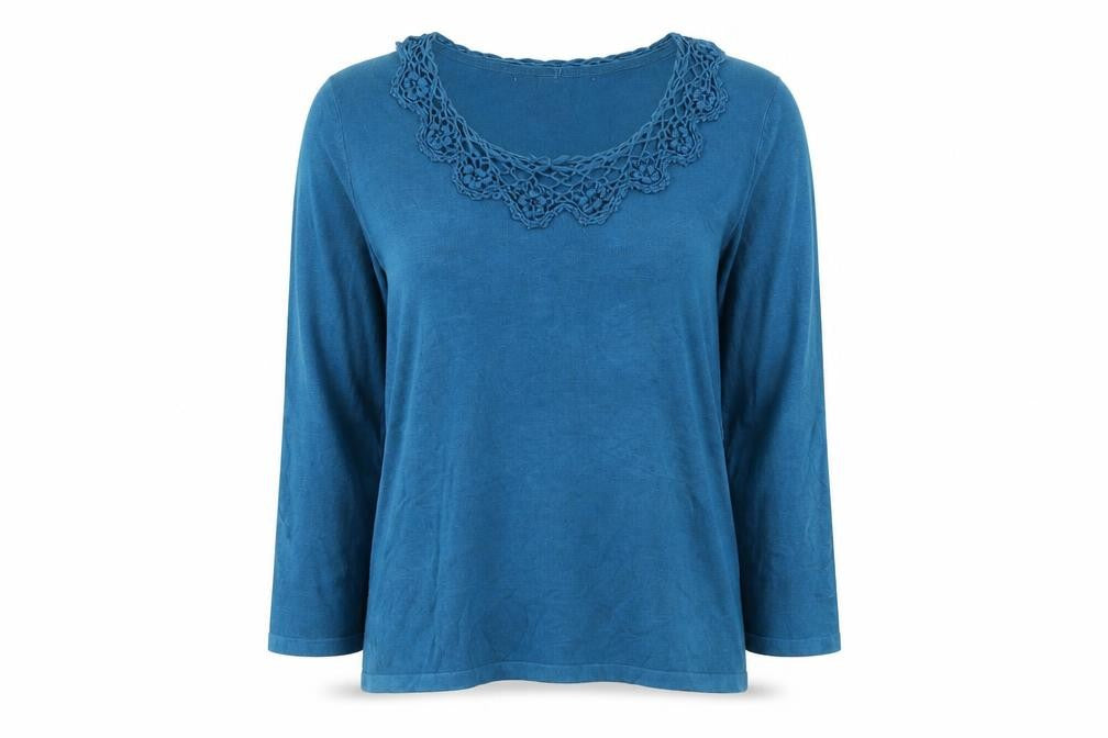 Dressbarn Women Blue L Crochet Neck 3/4 Sleeve Pullover Jumper