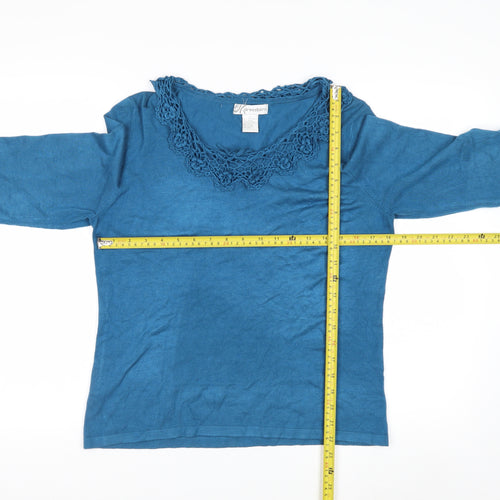 Dressbarn Women Blue L Crochet Neck 3/4 Sleeve Pullover Jumper