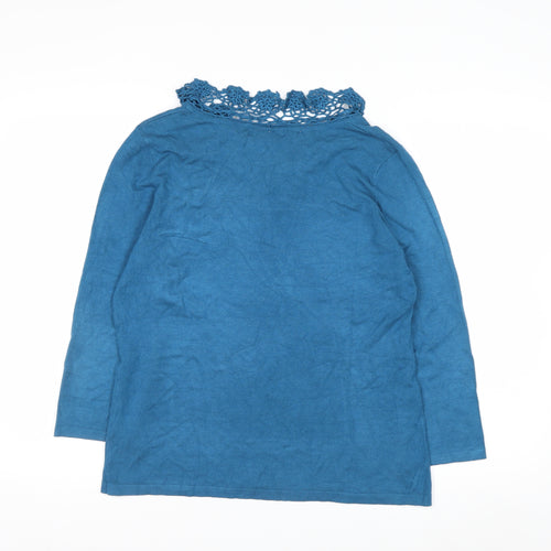 Dressbarn Women Blue L Crochet Neck 3/4 Sleeve Pullover Jumper