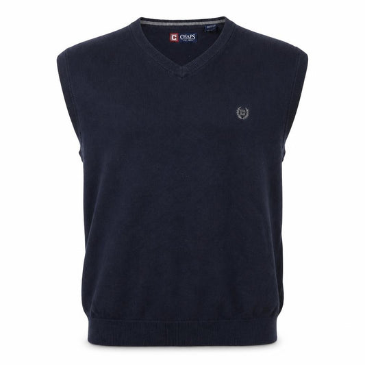 Front view of Chaps Men's Blue XL Cotton V-Neck Sleeveless Knit Vest Jumper