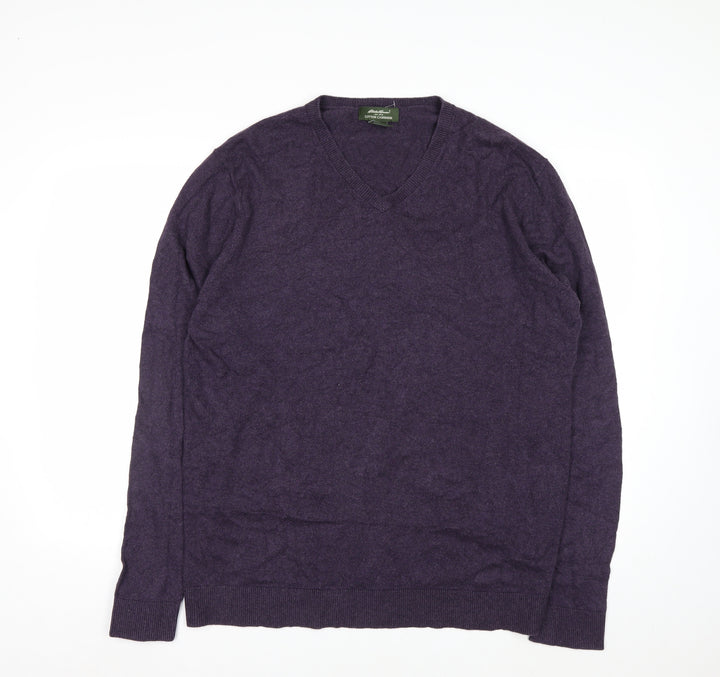 Eddie Bauer Men's Purple Cotton Cashmere V-Neck Jumper L Tall