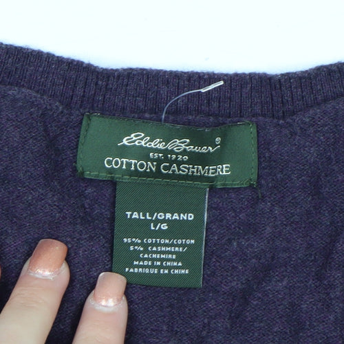 Eddie Bauer Men's Purple Cotton Cashmere V-Neck Jumper L Tall