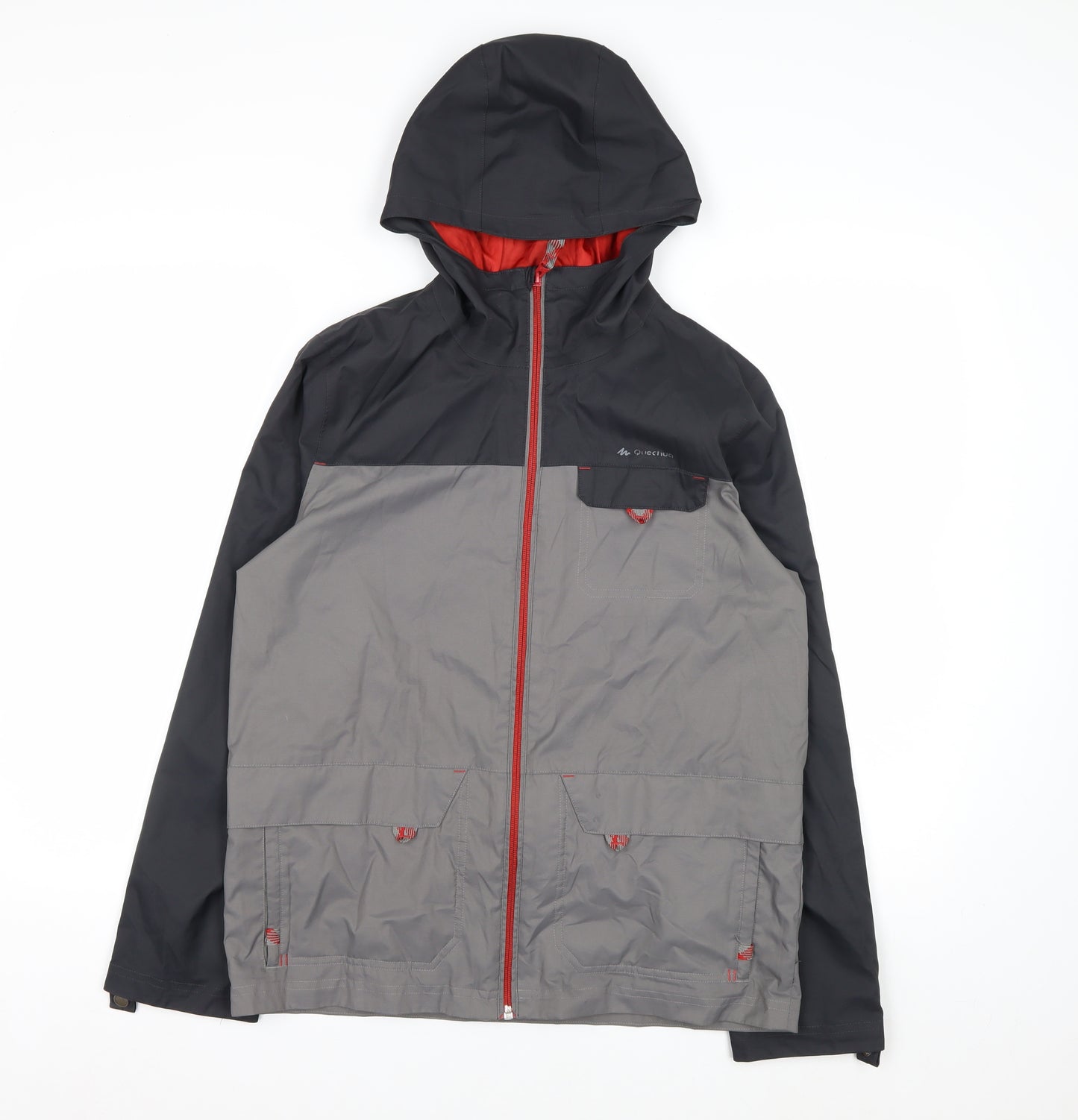 Decathlon Boys Grey Hooded Rain Coat Waterproof Jacket 14 Years
