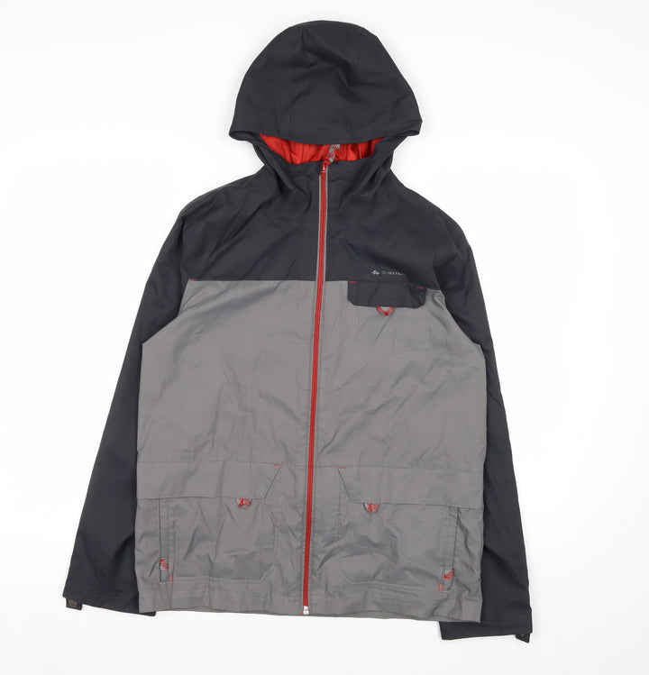Decathlon Boys Grey Hooded Rain Coat Waterproof Jacket 14 Years