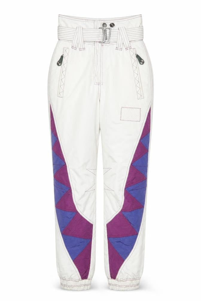 Front view of Chervò women’s white 80s ski snow pants, size UK 10, retro geometric