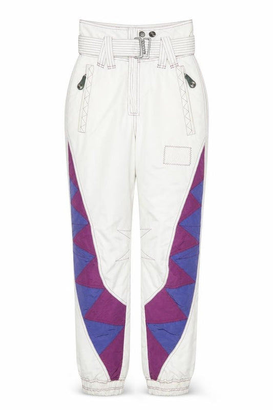 Front view of Chervò women’s white 80s ski snow pants, size UK 10, retro geometric